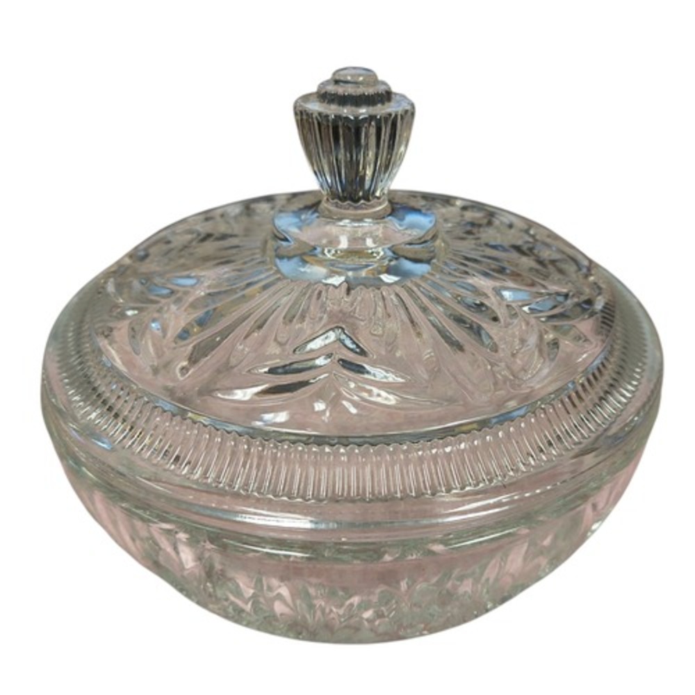 Vintage Avon Covered Etched Clear Glass Dish with Lid 6"